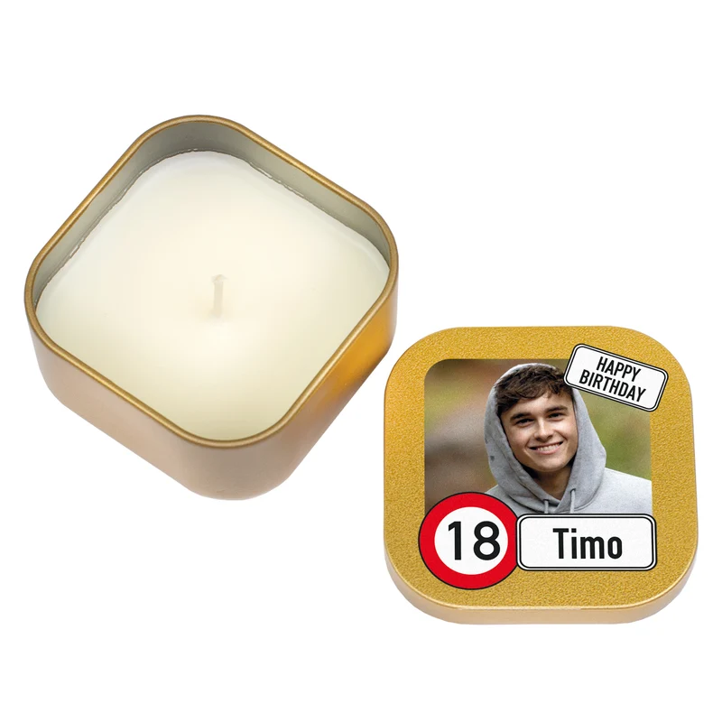 Kerze zum Geburtstag mit Foto, Name & Alter personalisiert | Mini Duftkerze im Verkehrszeichen Look