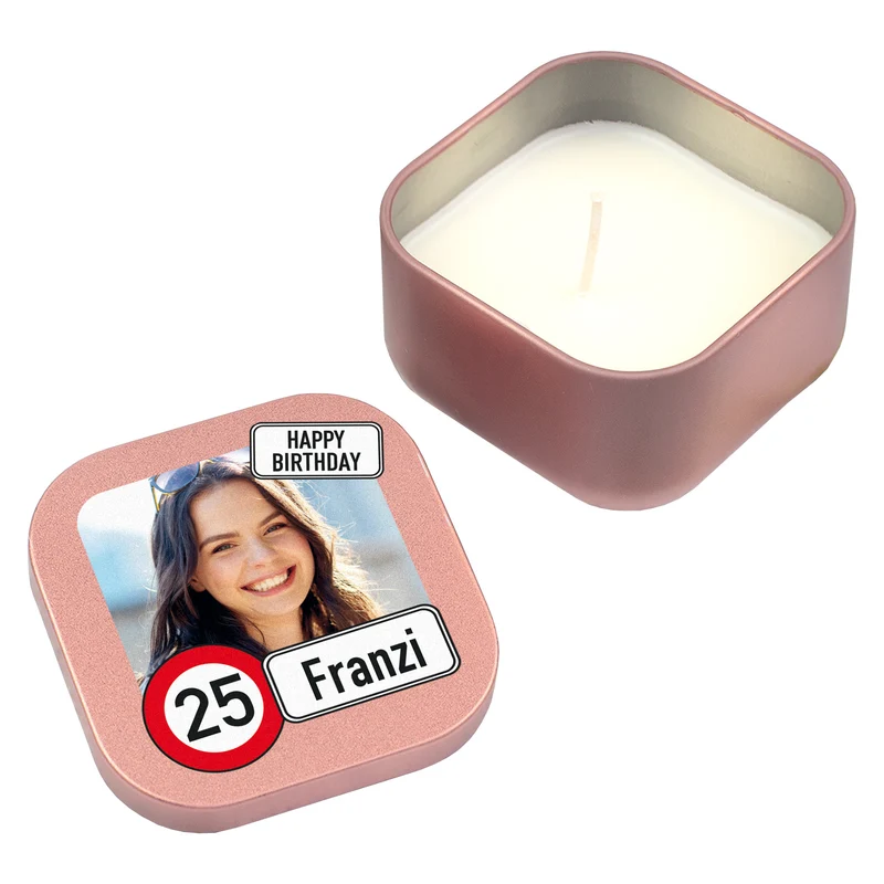 Kerze zum Geburtstag mit Foto, Name & Alter personalisiert | Mini Duftkerze im Verkehrszeichen Look