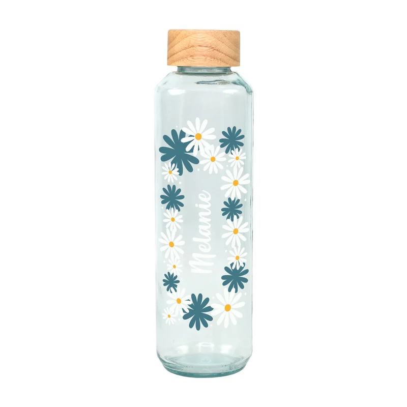 Personalisierte Trinkflasche aus Glas mit Blumen Motiv | Nachhaltige Flasche als Geschenk für Frauen