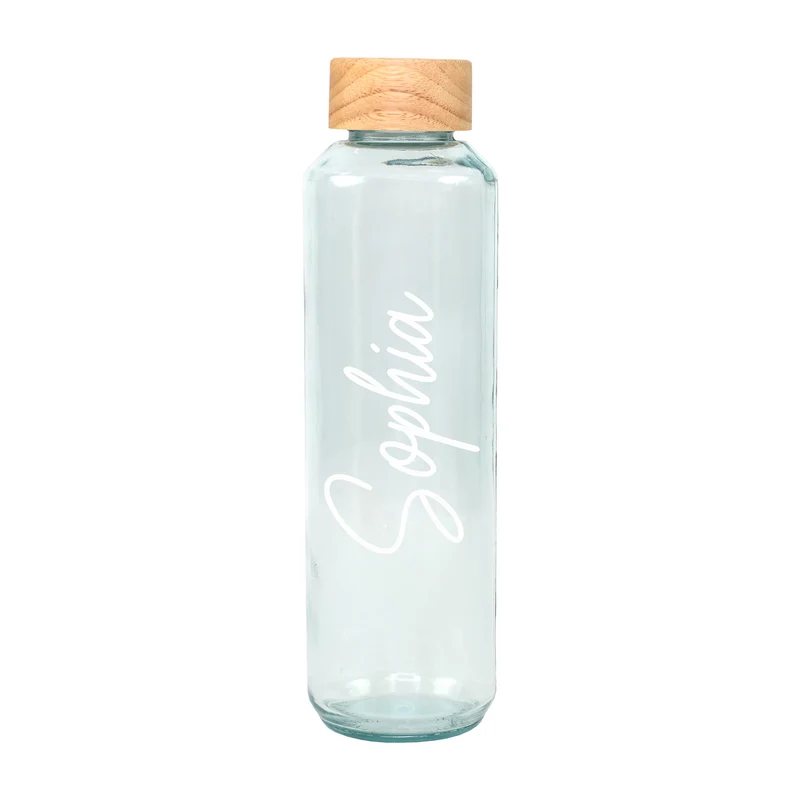 Trinkflasche aus Glas mit Name personalisiert 600 ml | Handmade Flasche mit Holzdeckel als Geschenk