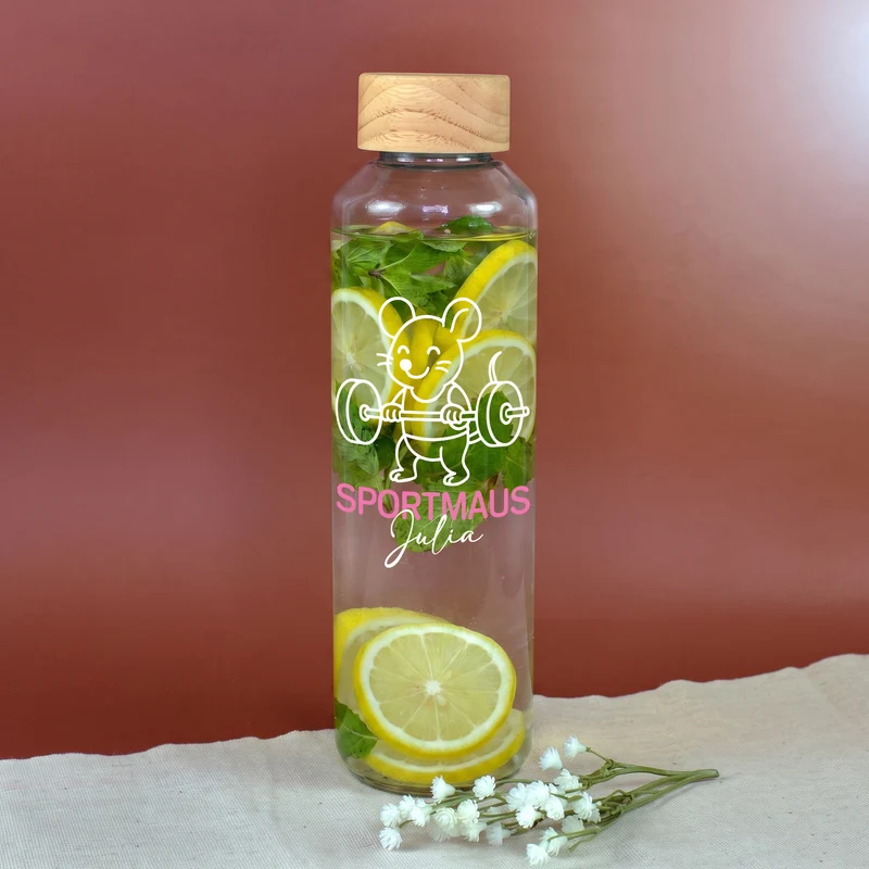 Glas Trinkflasche Sportmaus mit Name personalisiert | 600 ml Flasche als Sport Geschenk für Frauen