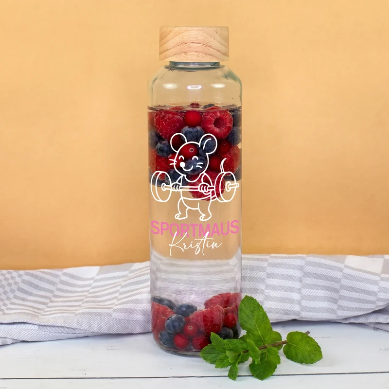 Glas Trinkflasche Sportmaus mit Name personalisiert | 600 ml Flasche als Sport Geschenk für Frauen