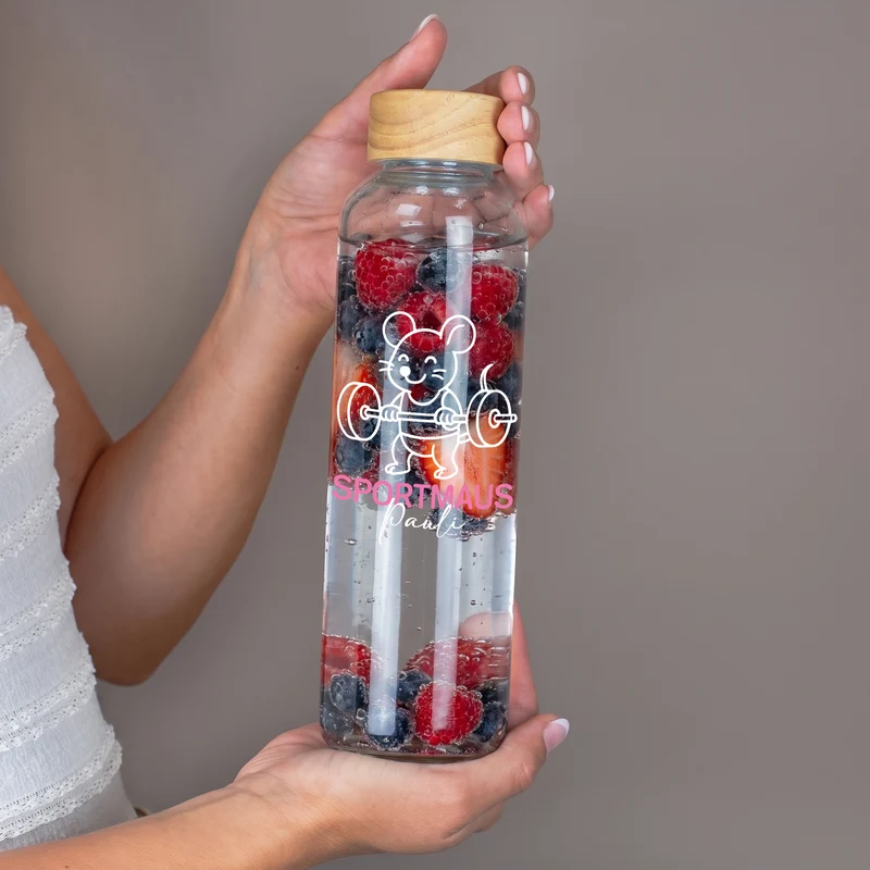 Glas Trinkflasche Sportmaus mit Name personalisiert | 600 ml Flasche als Sport Geschenk für Frauen