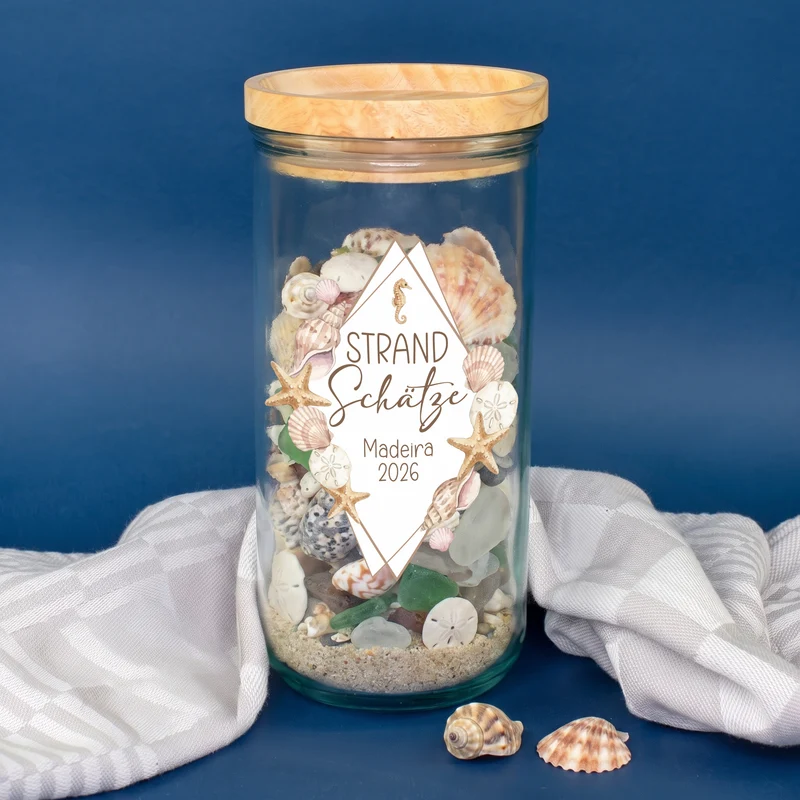 Erinnerungsglas für Strand Schätze mit Wunschtext personalisiert | Vorratsglas für Urlaub & Muscheln