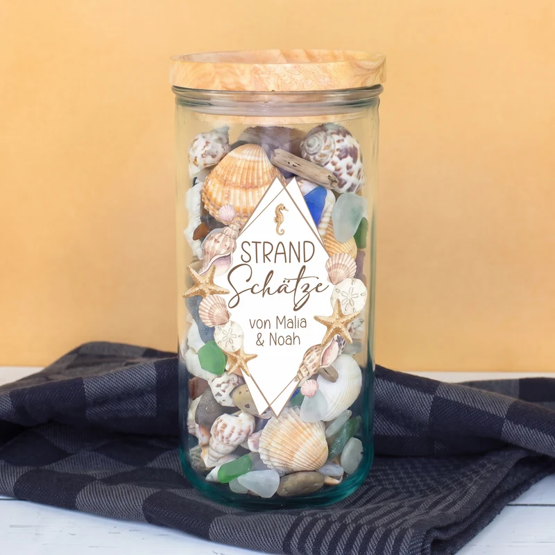 Erinnerungsglas für Strand Schätze mit Wunschtext personalisiert | Vorratsglas für Urlaub & Muscheln