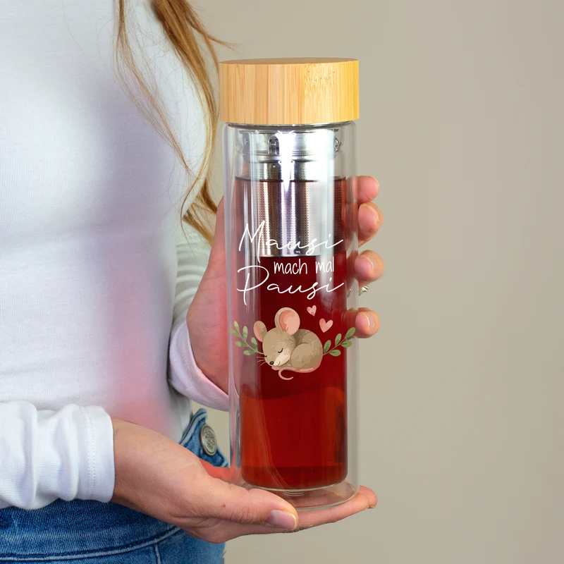 Glasflasche mit Teesieb & Aufdruck 'Mausi mach mal Pausi' | 400 ml Teeflasche doppelwandig