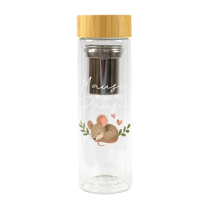 Glasflasche mit Teesieb & Aufdruck 'Mausi mach mal Pausi' | 400 ml Teeflasche doppelwandig