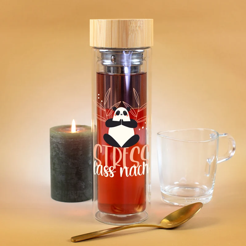 Glasflasche doppelwandig mit Teesieb | 400 ml Teeflasche mit Panda Motiv 'Stress lass nach'