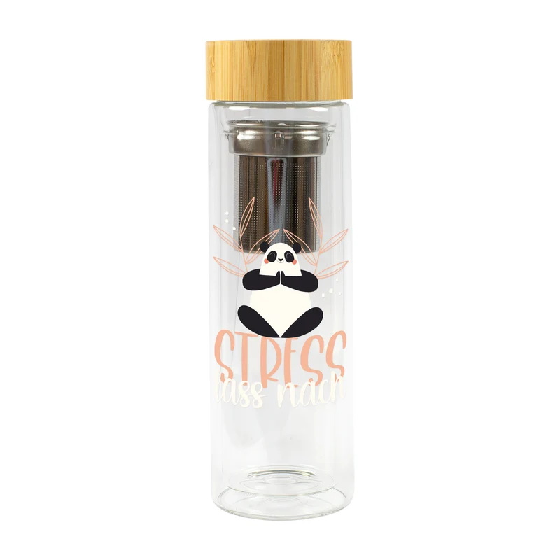 Glasflasche doppelwandig mit Teesieb | 400 ml Teeflasche mit Panda Motiv 'Stress lass nach'