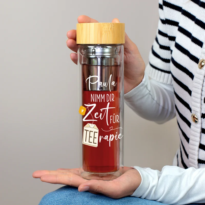 Personalisierbare Glasflasche doppelwandig mit Teesieb | 400 ml Teeflasche mit Name | Teerapie