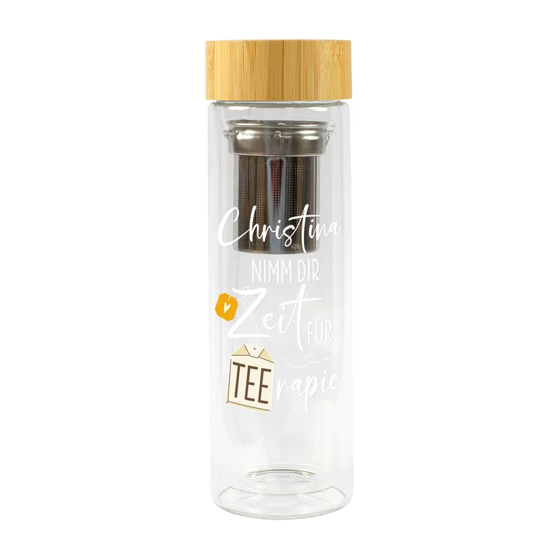 Personalisierbare Glasflasche doppelwandig mit Teesieb | 400 ml Teeflasche mit Name | Teerapie