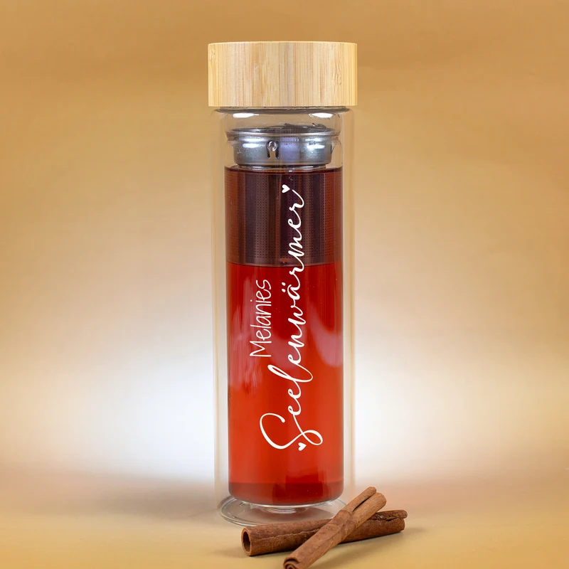 Personalisierte Glasflasche mit Teesieb | 400 ml Flasche doppelwandig mit Name | Seelenwärmer