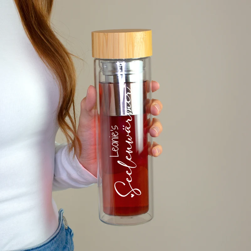 Personalisierte Glasflasche mit Teesieb | 400 ml Flasche doppelwandig mit Name | Seelenwärmer