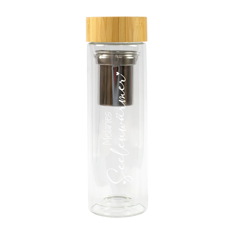 Personalisierte Glasflasche mit Teesieb | 400 ml Flasche doppelwandig mit Name | Seelenwärmer