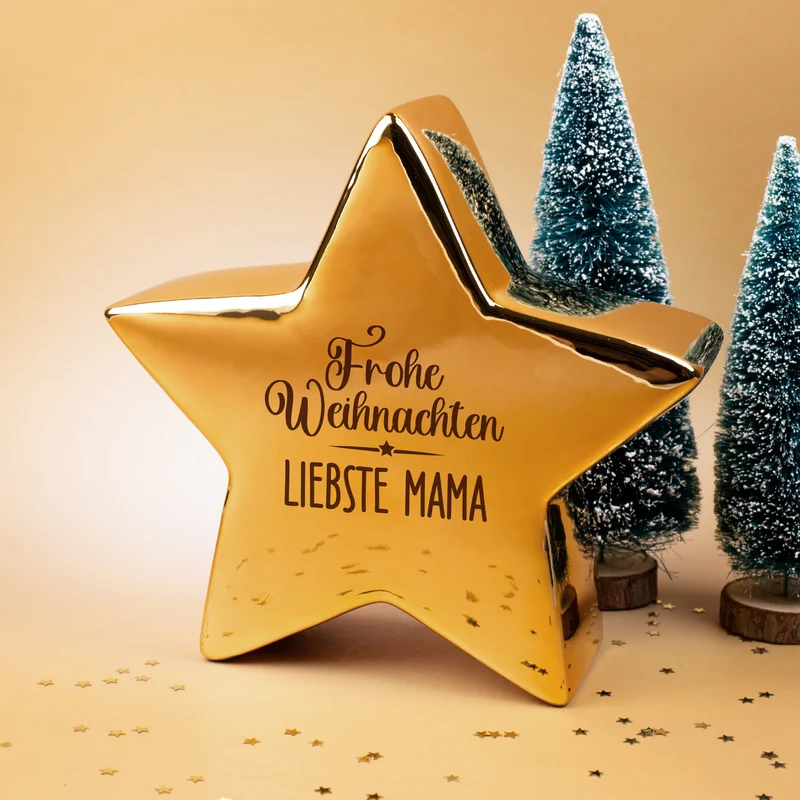 Goldfarbener Keramikstern von Leonardo ‚Frohe Weihnachten‘ personalisiert mit Name als Weihnachtsdeko | 20 cm