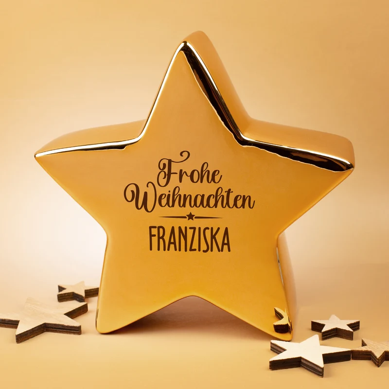 Goldfarbener Keramikstern von Leonardo ‚Frohe Weihnachten‘ personalisiert mit Name als Weihnachtsdeko | 20 cm