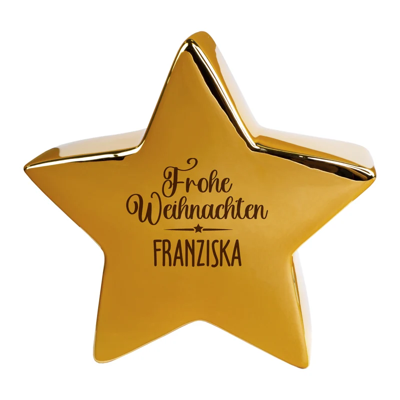 Goldfarbener Keramikstern von Leonardo ‚Frohe Weihnachten‘ personalisiert mit Name als Weihnachtsdeko | 20 cm