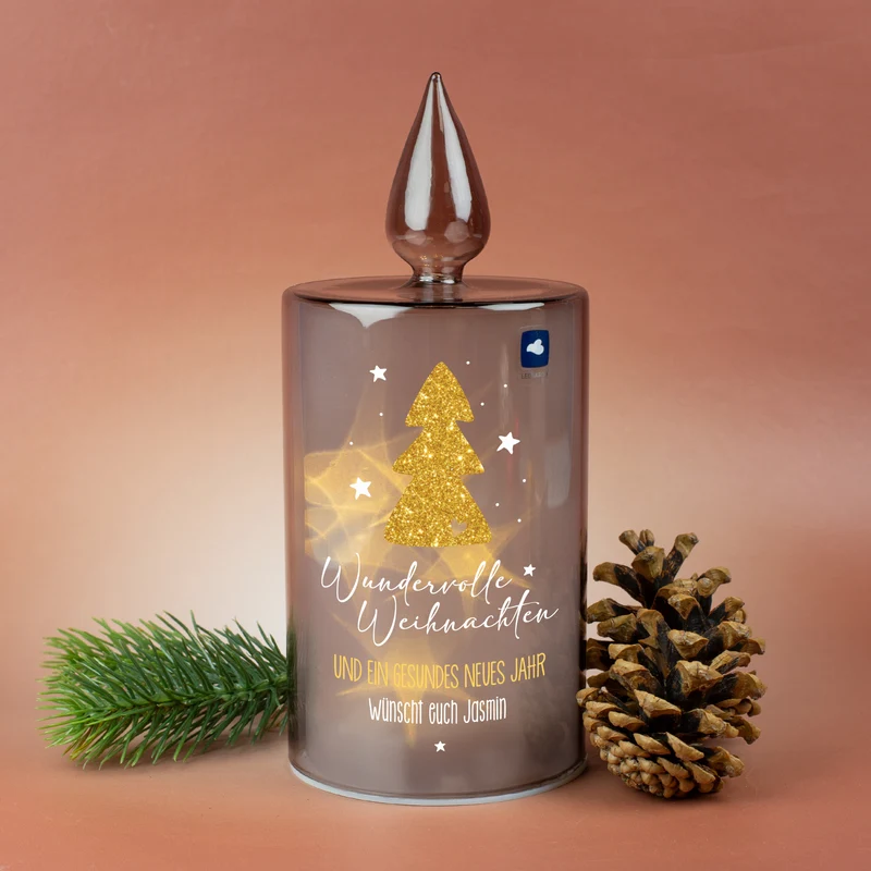 Personalisierte LED Glaskerze von Leonardo 'Wundervolle Weihnachten' mit Wunschtext und Timerfunktion