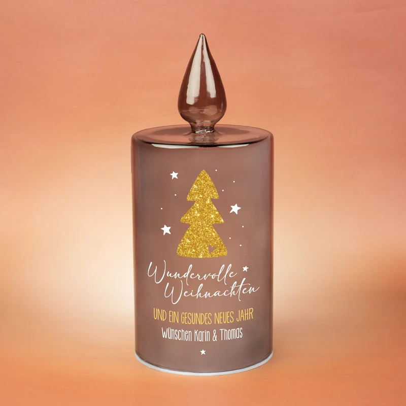Personalisierte LED Glaskerze von Leonardo 'Wundervolle Weihnachten' mit Wunschtext und Timerfunktion