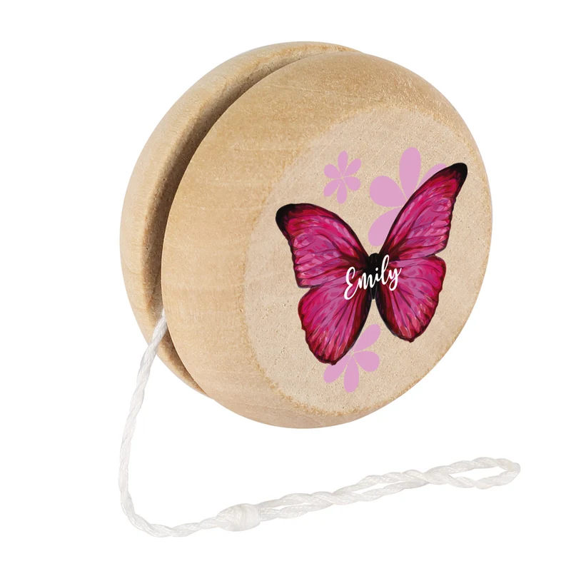 Personalisiertes JoJo aus Holz im Retrodesign für Mädchen mit Name und Schmetterling Motiv