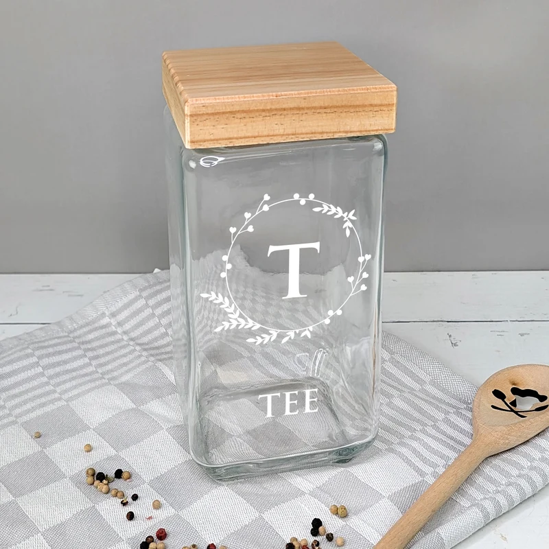 Vorratsdose mit Bambusdeckel personalisiert mit Initiale und Wunschtext | Keksdose
