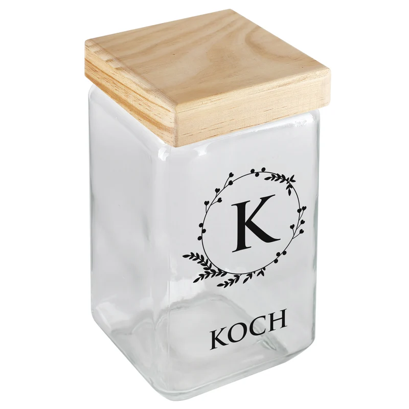 Vorratsdose mit Bambusdeckel personalisiert mit Initiale und Wunschtext | Keksdose