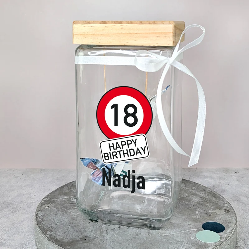 Personalisiertes Vorratsglas zum Geburtstag mit Verkehrszeichenoptik | Keksdose mit Bambusdeckel