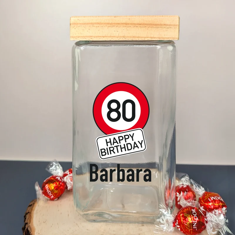 Personalisiertes Vorratsglas zum Geburtstag mit Verkehrszeichenoptik | Keksdose mit Bambusdeckel