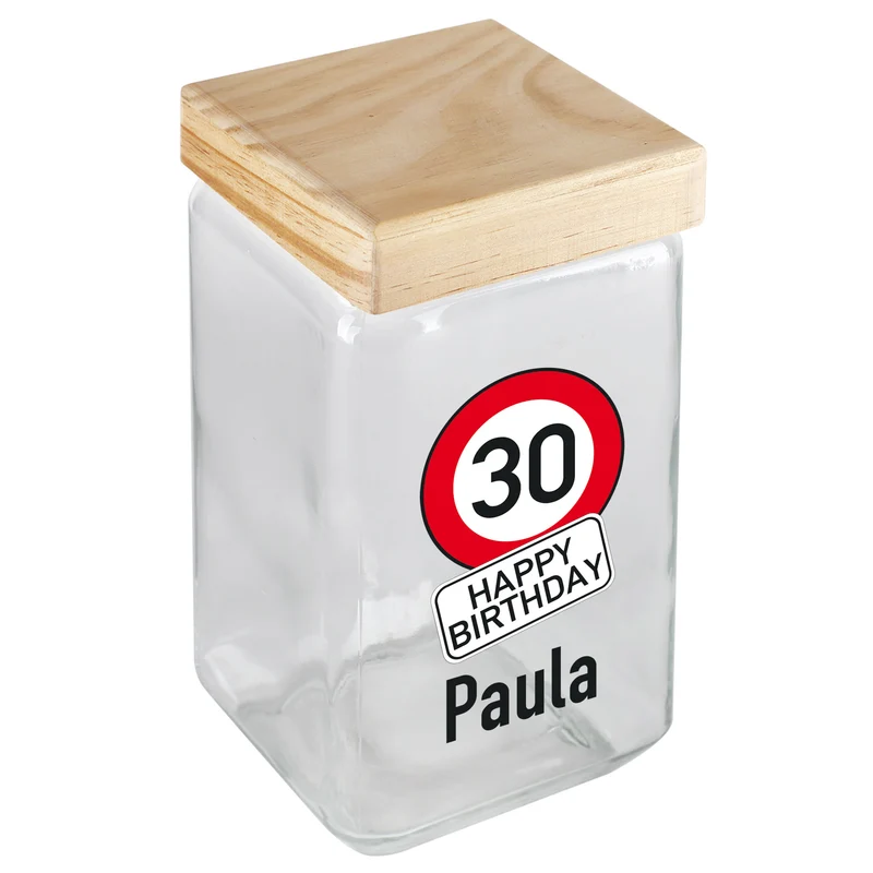 Personalisiertes Vorratsglas zum Geburtstag mit Verkehrszeichenoptik | Keksdose mit Bambusdeckel