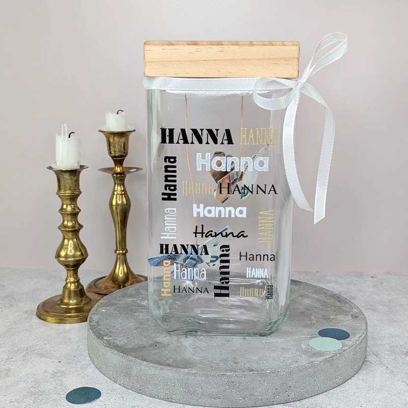 Vorratsglas mit Bambusdeckel & Name personalisiert als Geldgeschenk | Keksdose für Naschkatzen