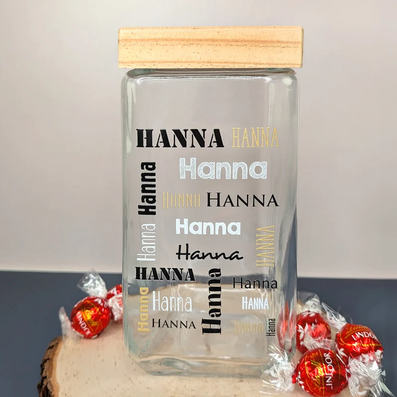 Vorratsglas mit Bambusdeckel & Name personalisiert als Geldgeschenk | Keksdose für Naschkatzen