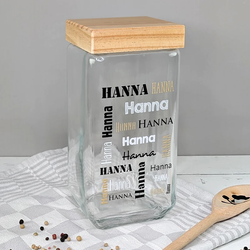 Vorratsglas mit Bambusdeckel & Name personalisiert als Geldgeschenk | Keksdose für Naschkatzen