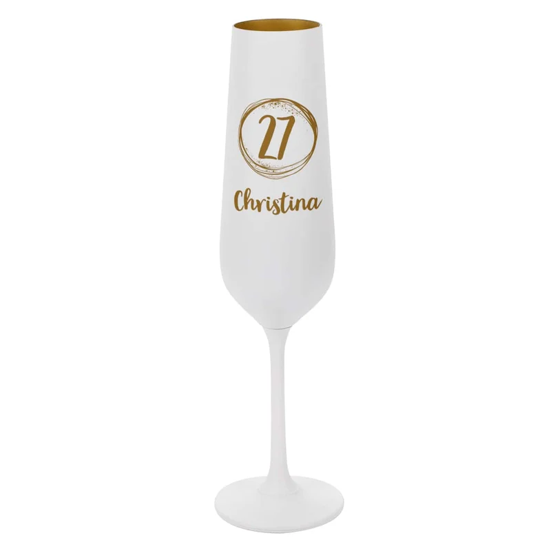 Weiß-Goldenes Sektglas zum Geburtstag mit Name und Alter graviert