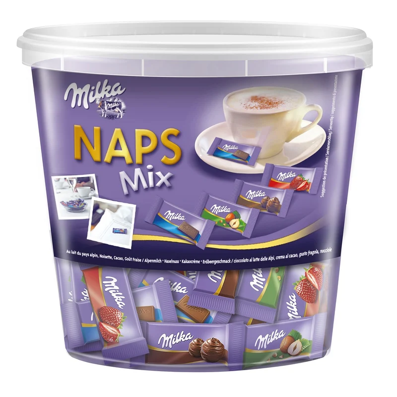 Milka Naps Mix 1 x 1kg Dose, mit Alpenmilch, Erdbeere, Haselnuss und Creme au Cacao