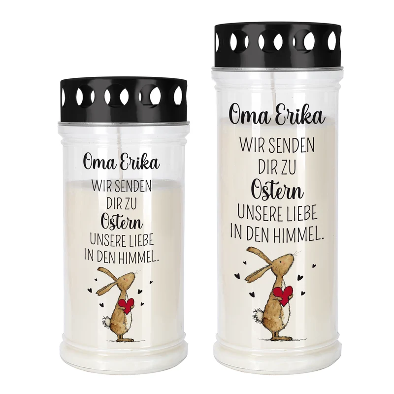 Personalisiertes Grablicht zu Ostern mit Wunschtext | Trauerkerze 'Wir senden Liebe in den Himmel'