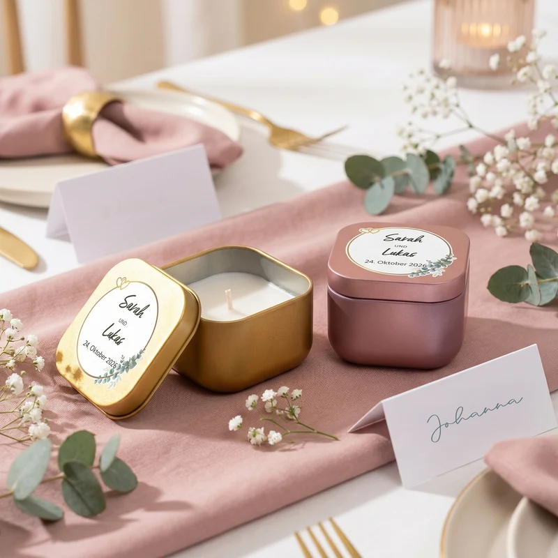 Duftkerze als Gastgeschenk zur Hochzeit in Gold oder Rosé | Hochzeitskerze personalisiert mit Namen