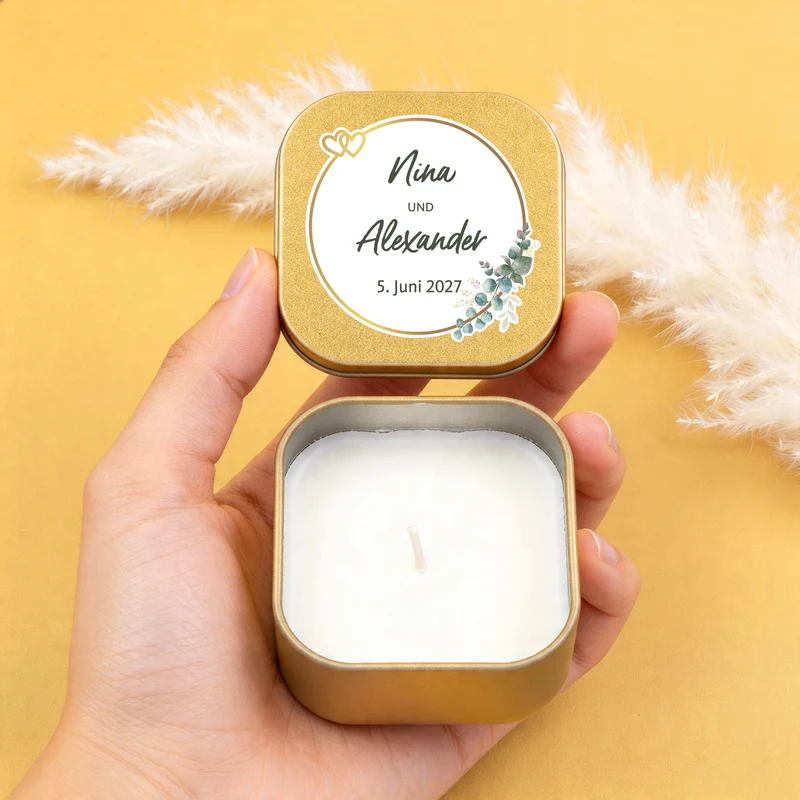 Duftkerze als Gastgeschenk zur Hochzeit in Gold oder Rosé | Hochzeitskerze personalisiert mit Namen