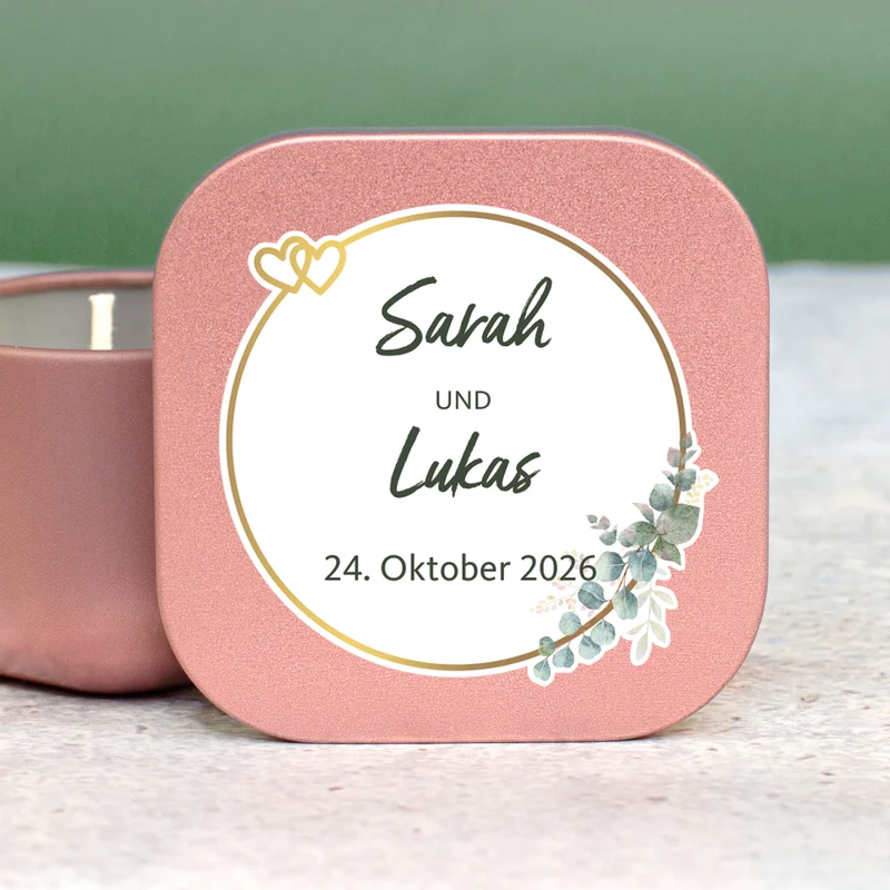 Duftkerze als Gastgeschenk zur Hochzeit in Gold oder Rosé | Hochzeitskerze personalisiert mit Namen