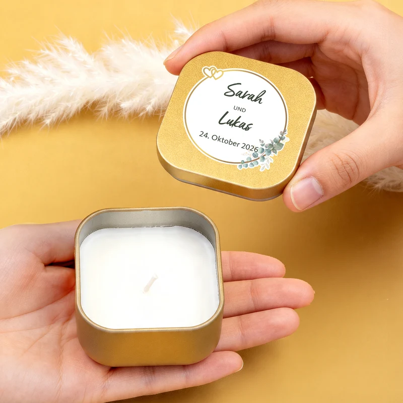 Duftkerze als Gastgeschenk zur Hochzeit in Gold oder Rosé | Hochzeitskerze personalisiert mit Namen