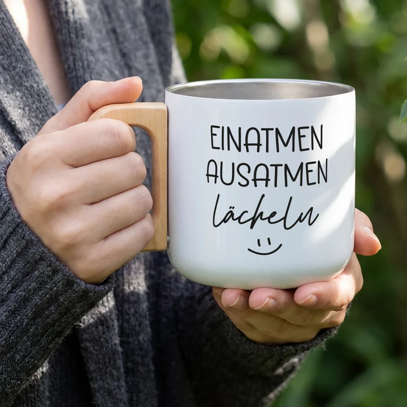 Edelstahl Tasse mit Holzgriff 'Einatmen Ausatmen Lächeln' | Doppelwandiger Becher als witziges Geschenk