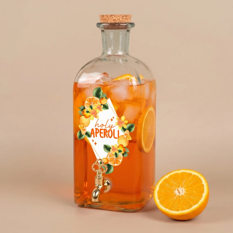 Getränkespender aus Glas mit Zapfhahn und Holy Aperoli Motiv für Cocktails, Grillen & Garten Party