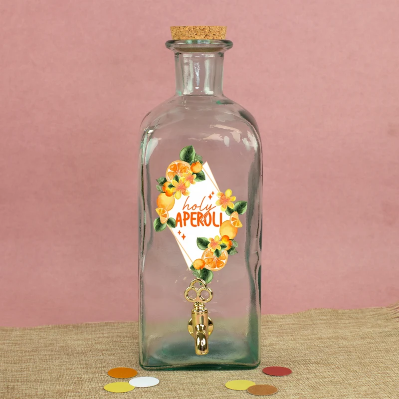 Getränkespender aus Glas mit Zapfhahn und Holy Aperoli Motiv für Cocktails, Grillen & Garten Party