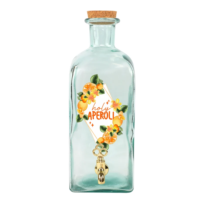 Getränkespender aus Glas mit Zapfhahn und Holy Aperoli Motiv für Cocktails, Grillen & Garten Party