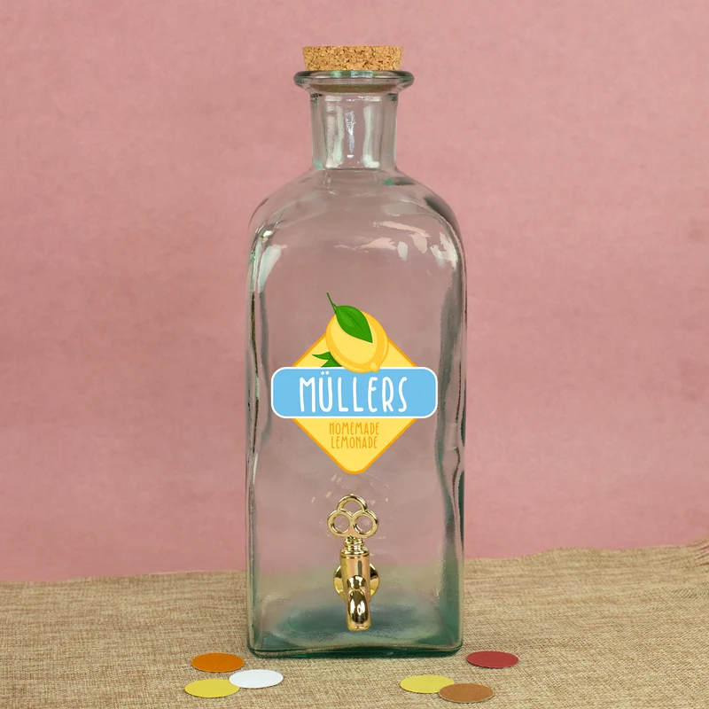 Personalisierter Getränkespender aus Glas mit Zitrone Motiv und Hahn | 2L Spender für Limonade & Saft
