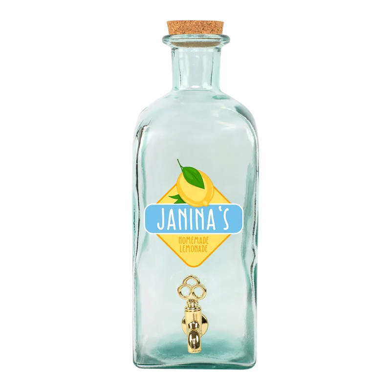 Personalisierter Getränkespender aus Glas mit Zitrone Motiv und Hahn | 2L Spender für Limonade & Saft