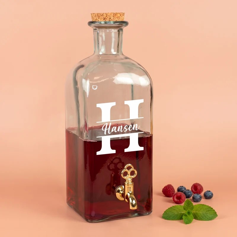 Glas Getränkespender mit Zapfhahn | 2L Spender für Limonade, Whisky & Wein mit Initiale und Name