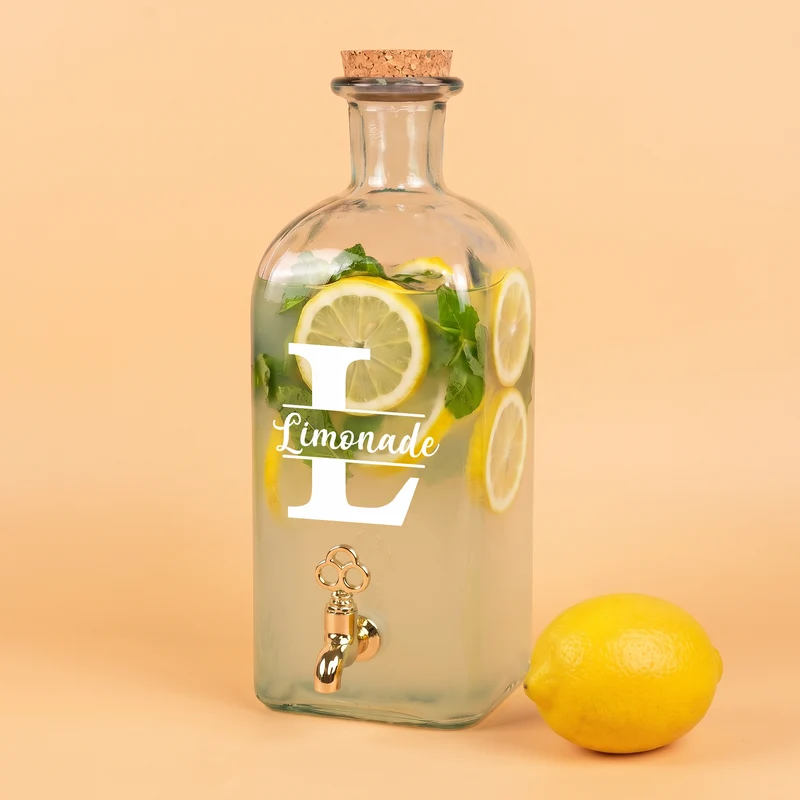 Glas Getränkespender mit Zapfhahn | 2L Spender für Limonade, Whisky & Wein mit Initiale und Name