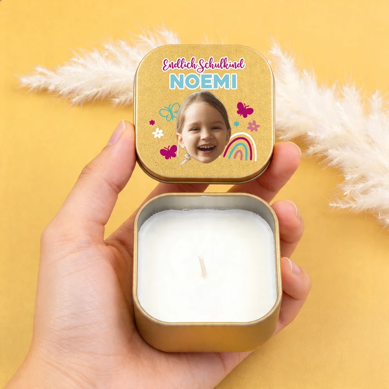 Duftkerze mit Foto, Wunschtext und Motiv personalisiert | Gastgeschenk für Geburtstag & Einschulung