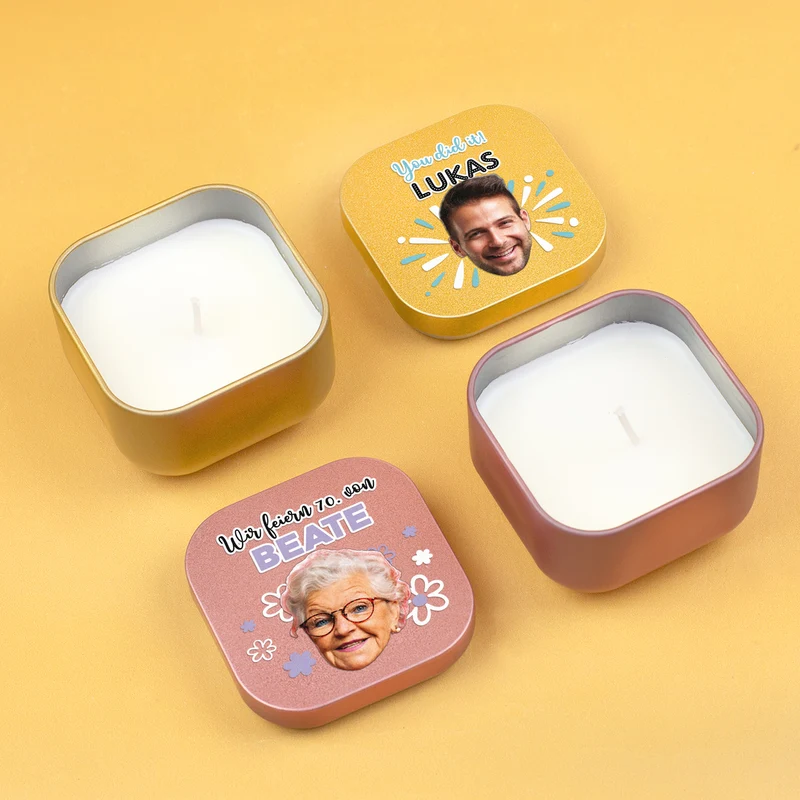 Duftkerze mit Foto, Wunschtext und Motiv personalisiert | Gastgeschenk für Geburtstag & Einschulung