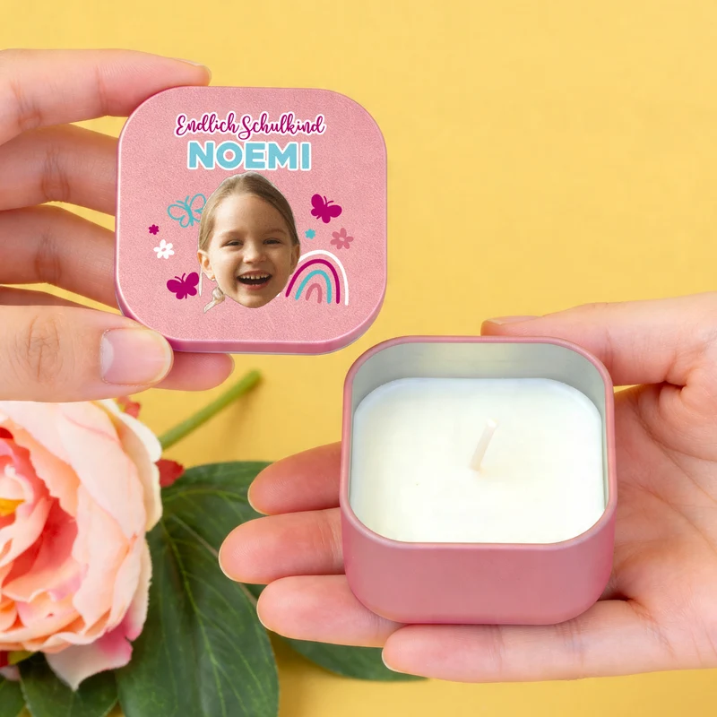 Duftkerze mit Foto, Wunschtext und Motiv personalisiert | Gastgeschenk für Geburtstag & Einschulung